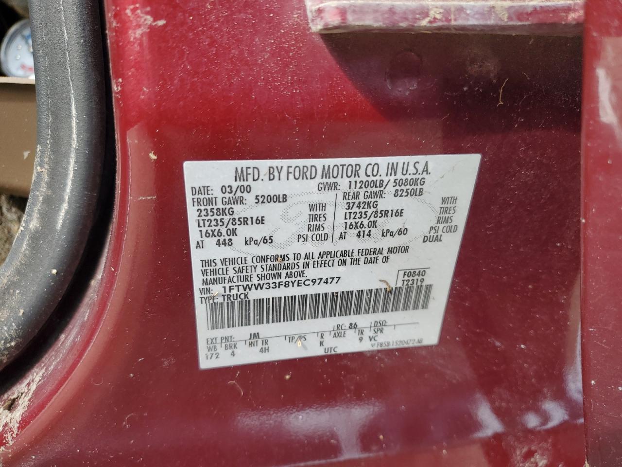 2000 Ford F350 Super Duty VIN: 1FTWW33F8YEC97477 Lot: 70628185