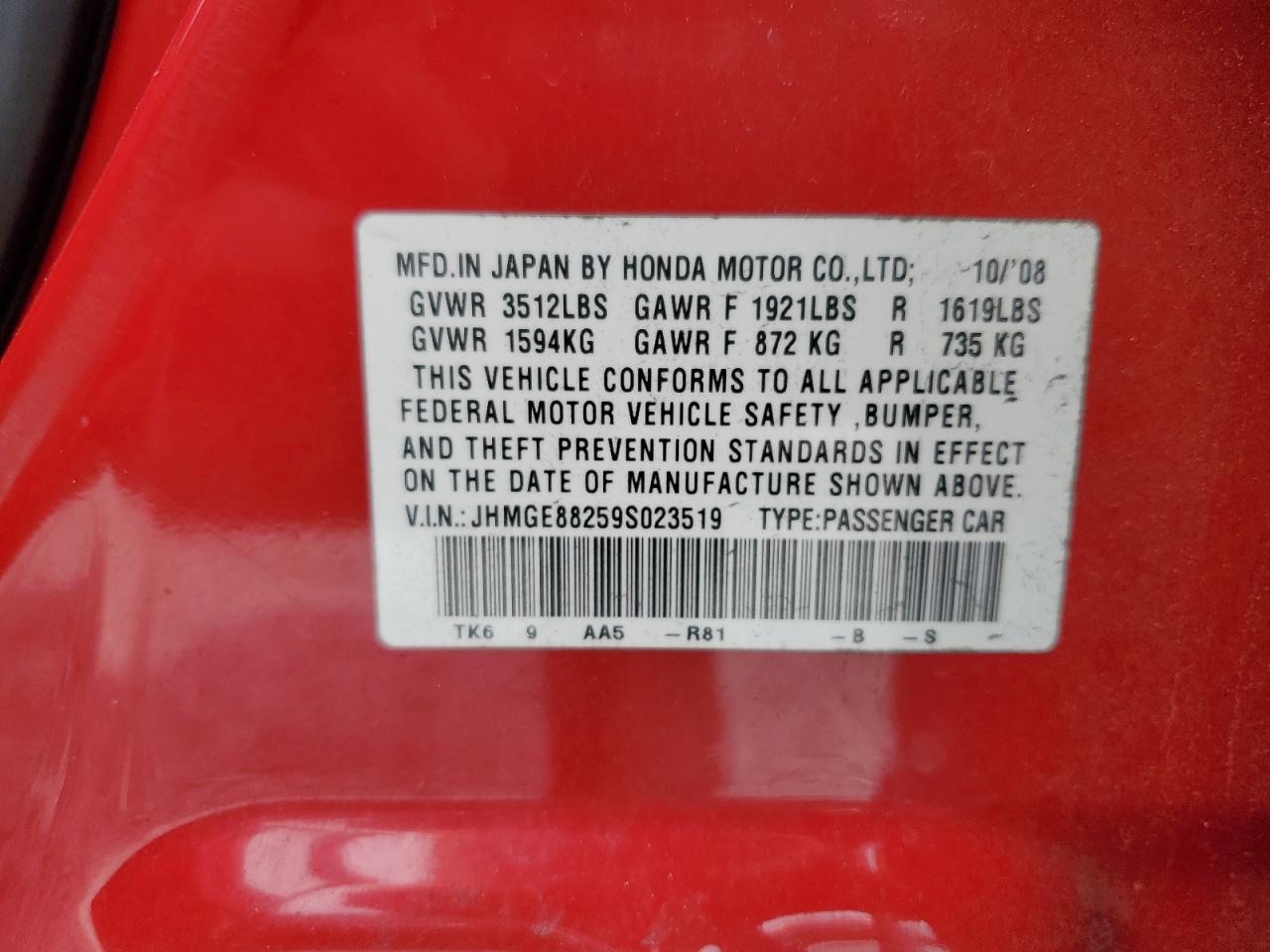 2009 Honda Fit VIN: JHMGE88259S023519 Lot: 82027475