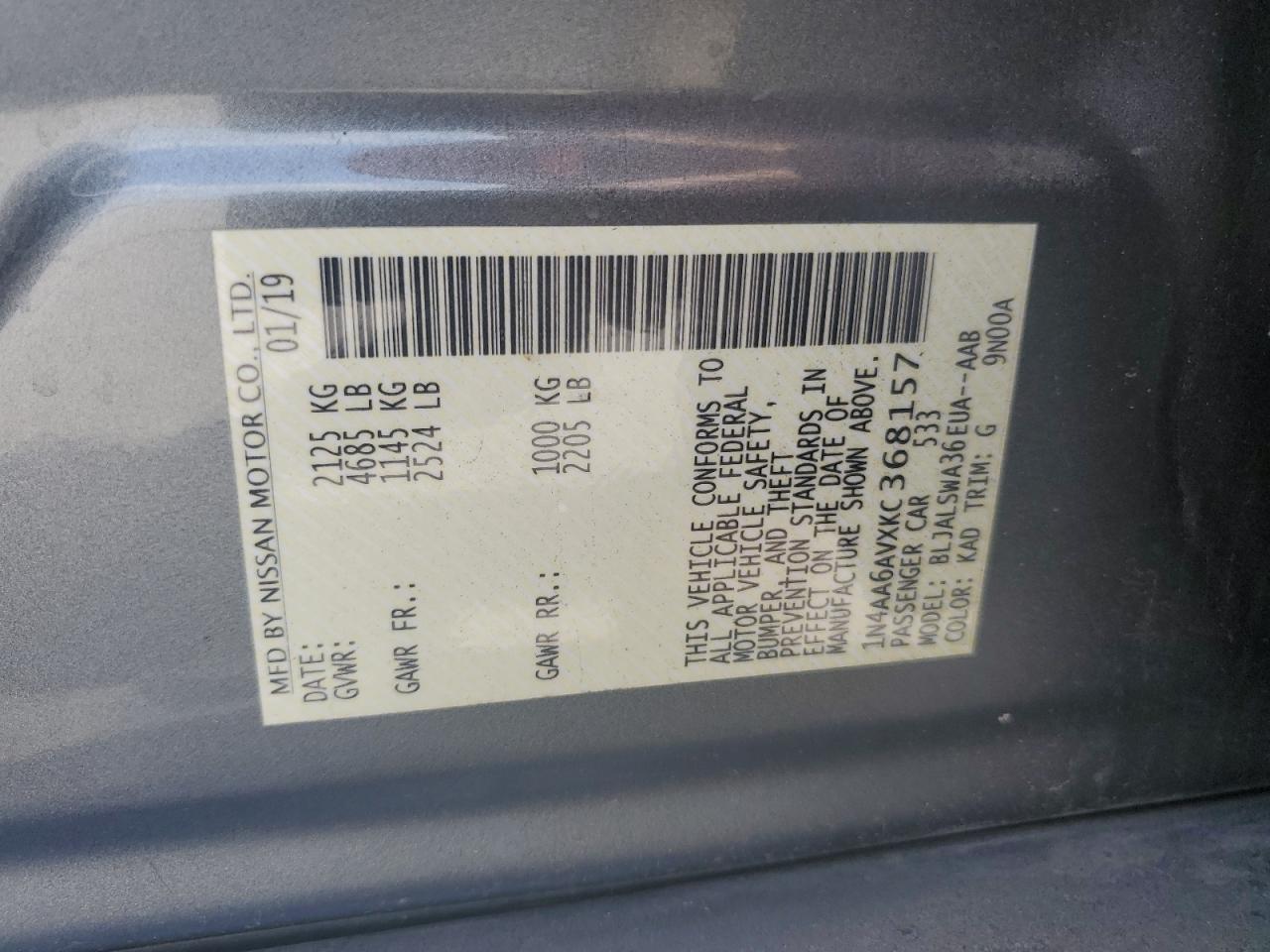 2019 Nissan Maxima S VIN: 1N4AA6AVXKC368157 Lot: 80221915