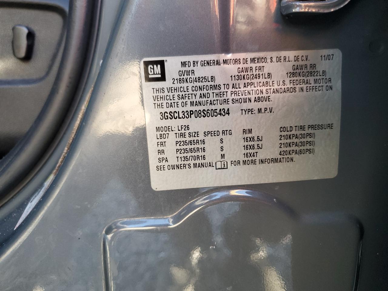 2008 Saturn Vue Xe VIN: 3GSCL33P08S605434 Lot: 83934515