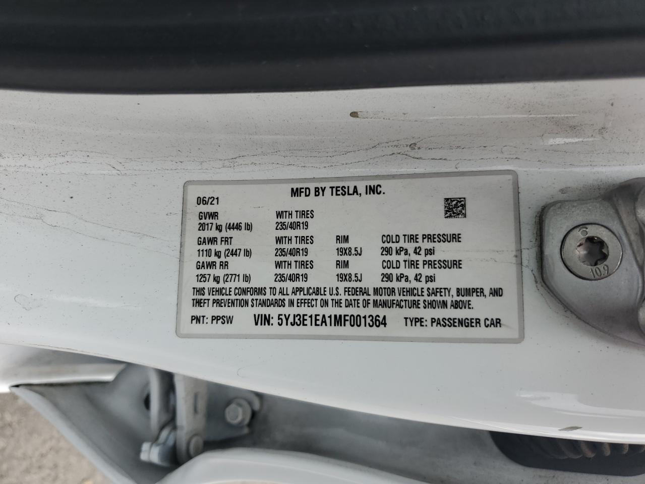 2021 Tesla Model 3 VIN: 5YJ3E1EA1MF001364 Lot: 81293675