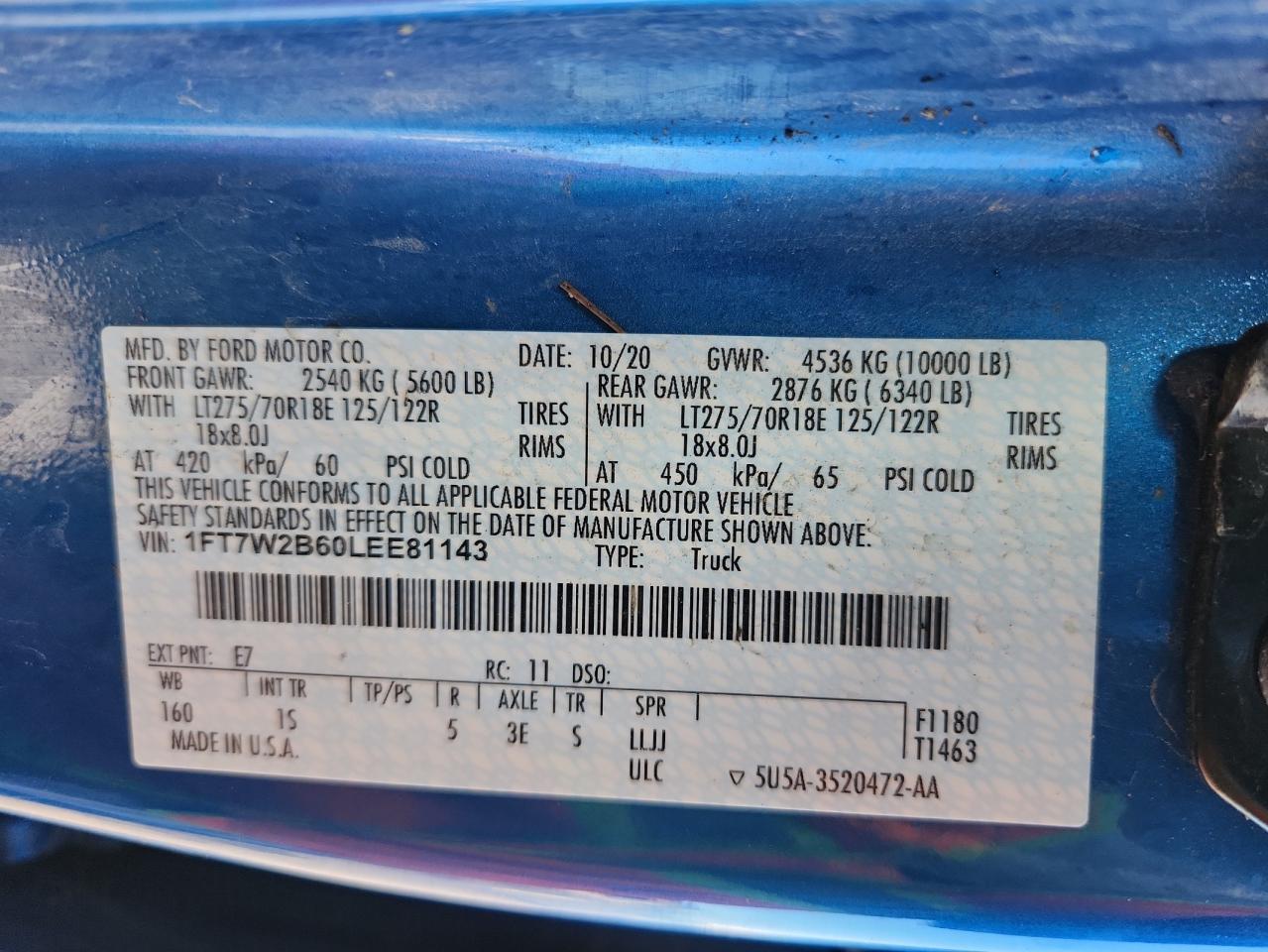 2020 Ford F250 Super Duty VIN: 1FT7W2B60LEE81143 Lot: 71584685