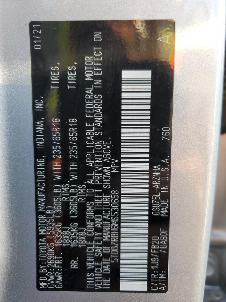 2021 Toyota Highlander L VIN: 5TDBZRBH6MS530658 Lot: 71833345