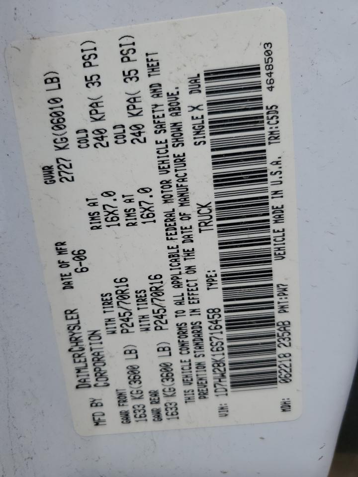 2006 Dodge Dakota Quad VIN: 1D7HW28K16S716458 Lot: 70981125