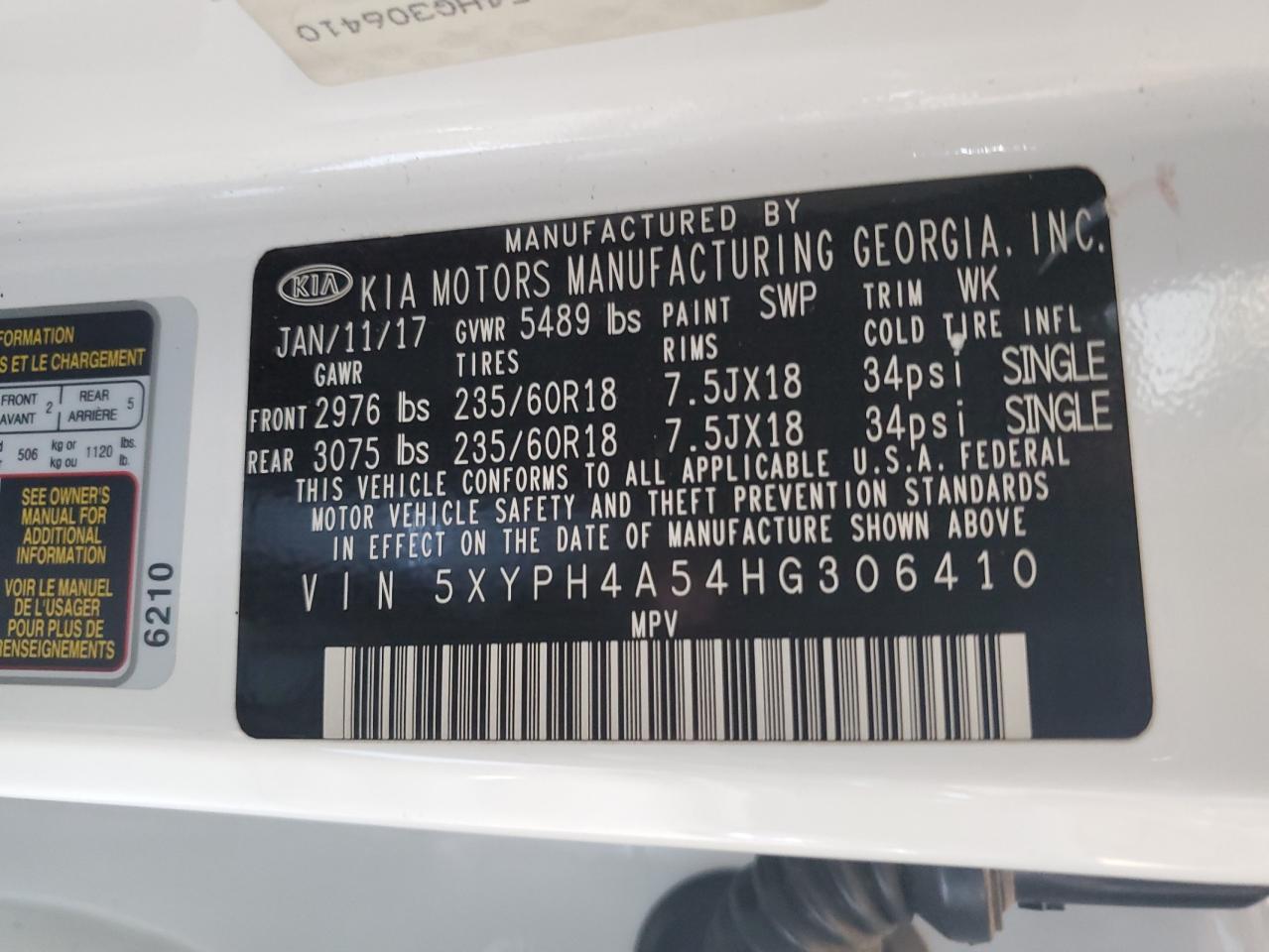 2017 Kia Sorento Ex VIN: 5XYPH4A54HG306410 Lot: 83945255