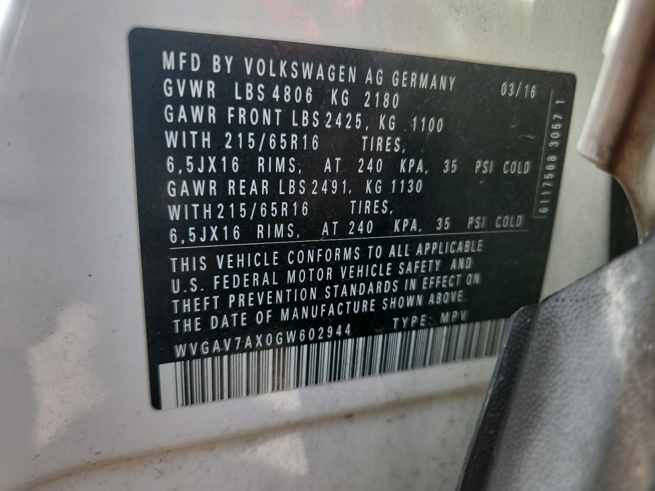 2016 Volkswagen Tiguan S VIN: WVGAV7AX0GW602944 Lot: 71832455