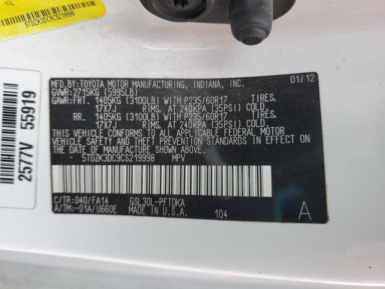 2012 Toyota Sienna VIN: 5TDZK3DC9CS219998 Lot: 81647605