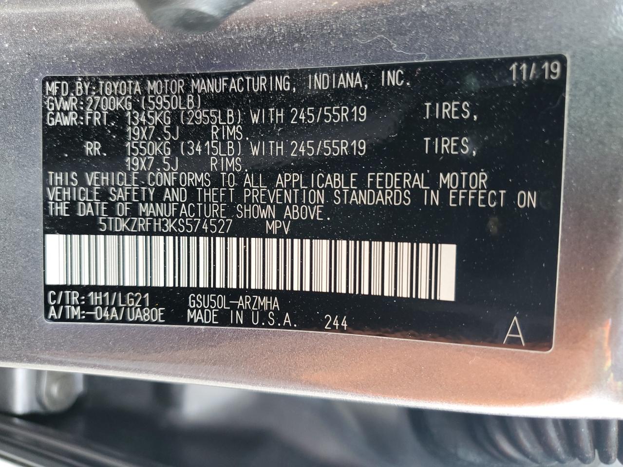 2019 Toyota Highlander Se VIN: 5TDKZRFH3KS574527 Lot: 81741215