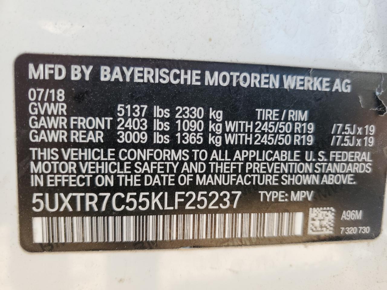 2019 BMW X3 Sdrive30I VIN: 5UXTR7C55KLF25237 Lot: 81136745