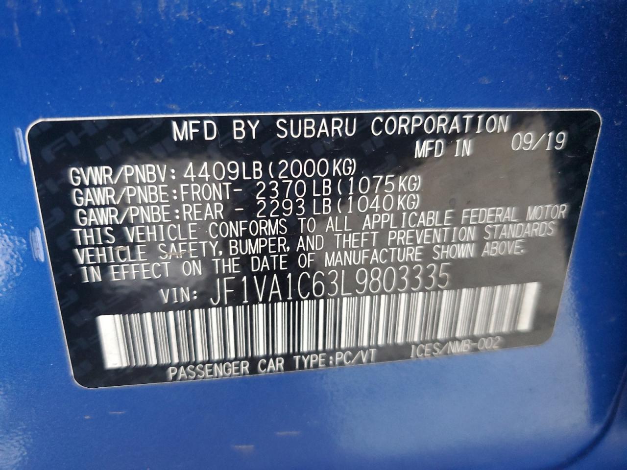 2020 Subaru Wrx Premium VIN: JF1VA1C63L9803335 Lot: 80551315