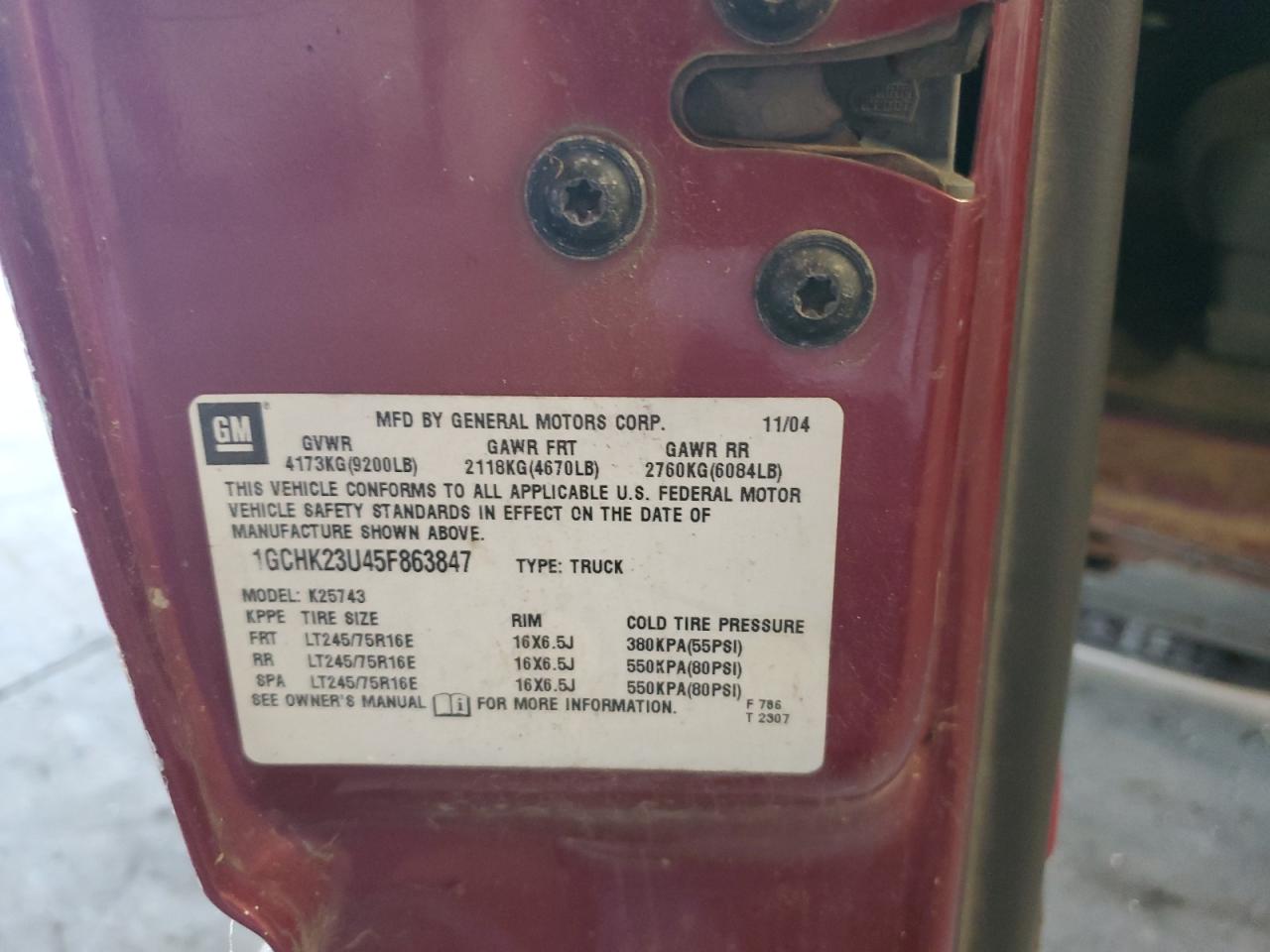 2005 Chevrolet Silverado K2500 Heavy Duty VIN: 1GCHK23U45F863847 Lot: 83811865