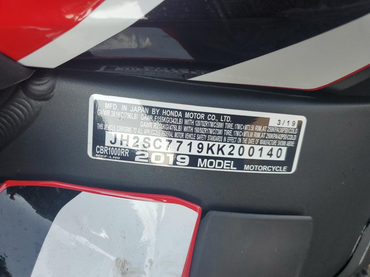 2019 Honda Cbr1000 Rr VIN: JH2SC7719KK200140 Lot: 81045405