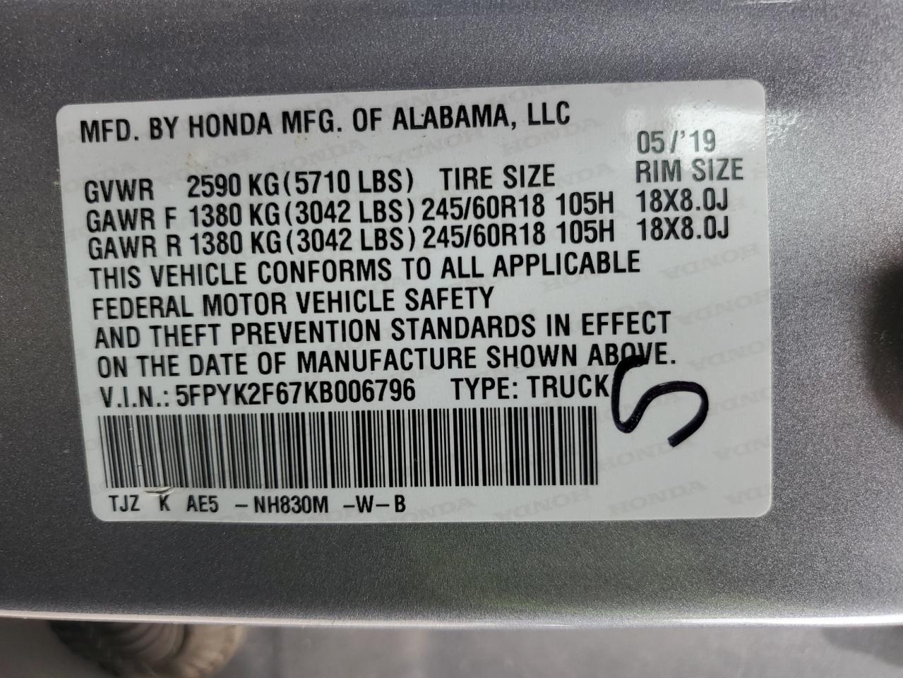 2019 Honda Ridgeline Rtl VIN: 5FPYK2F67KB006796 Lot: 81363815