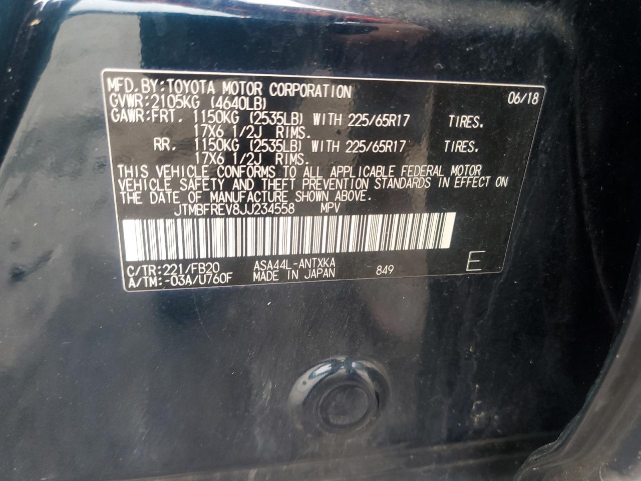 2018 Toyota Rav4 Le VIN: JTMBFREV8JJ234558 Lot: 86083955