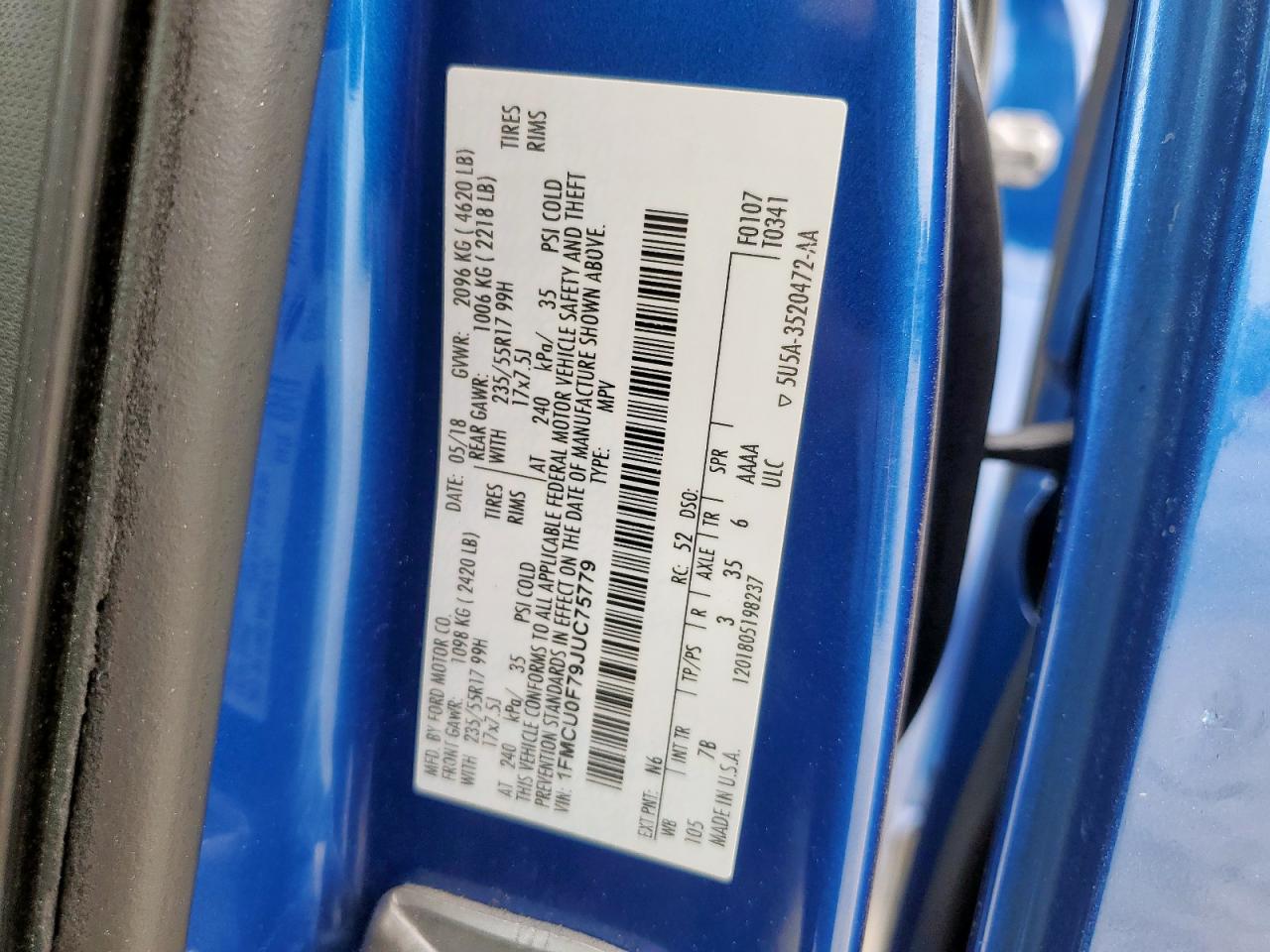 2018 Ford Escape S VIN: 1FMCU0F79JUC75779 Lot: 84235115