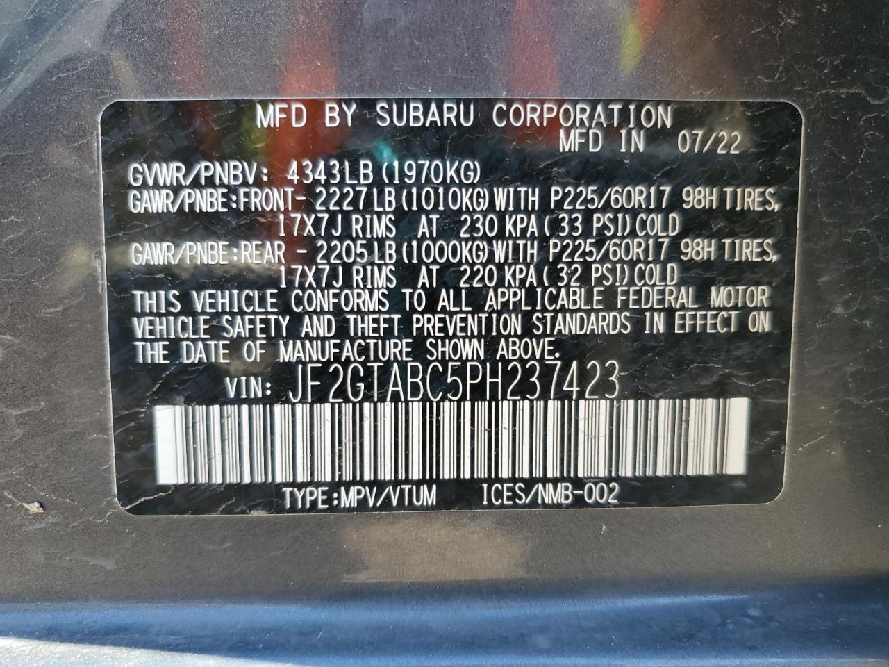 2023 Subaru Crosstrek VIN: JF2GTABC5PH237423 Lot: 84153225