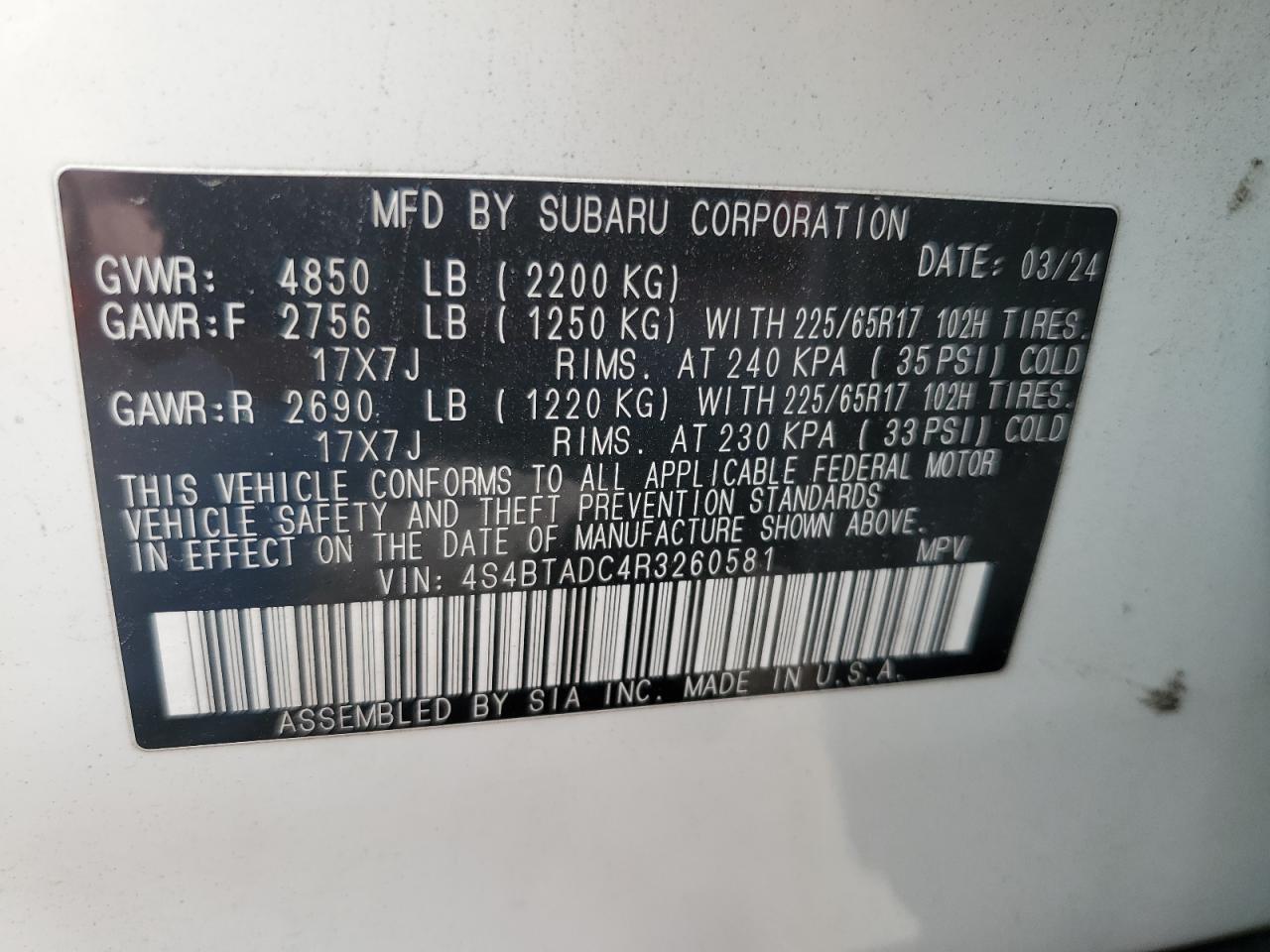 2024 Subaru Outback Premium VIN: 4S4BTADC4R3260581 Lot: 80515505