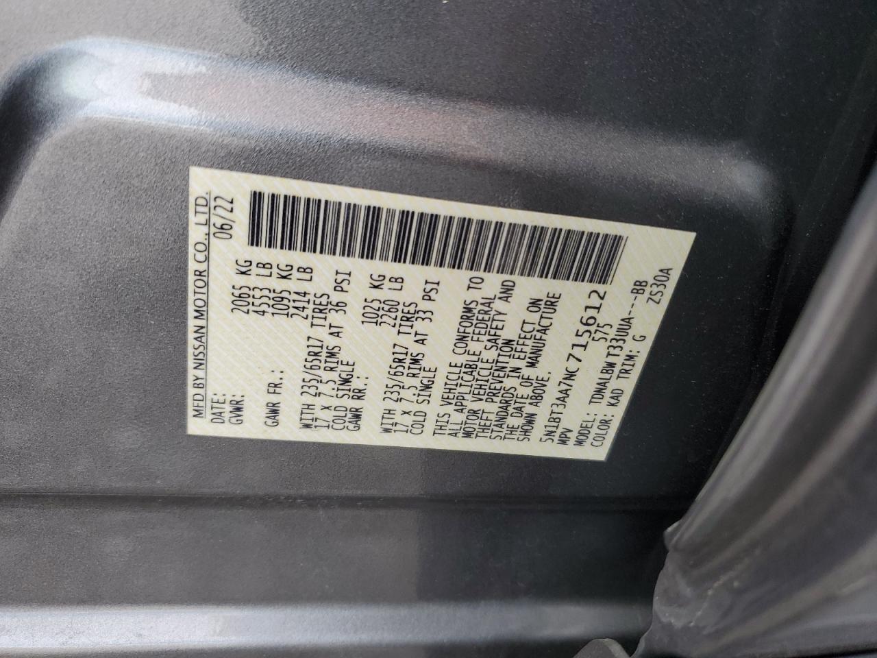 2022 Nissan Rogue S VIN: 5N1BT3AA7NC715612 Lot: 70836765