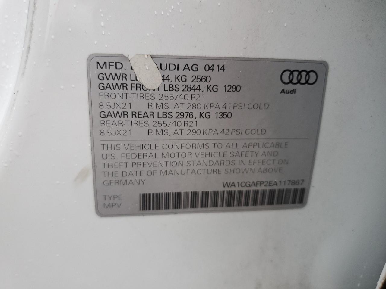 2014 Audi Sq5 Premium Plus VIN: WA1CGAFP2EA117867 Lot: 81606525