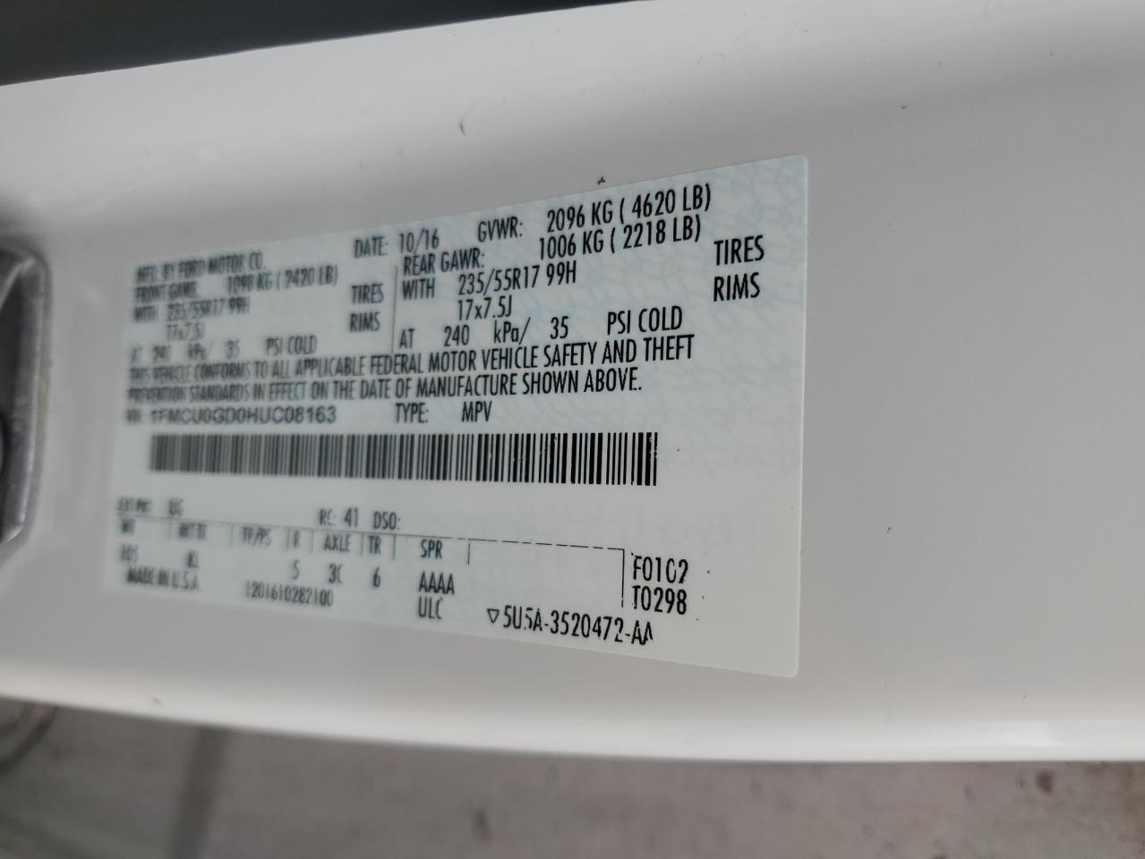 2017 Ford Escape Se VIN: 1FMCU0GD0HUC08163 Lot: 81426055