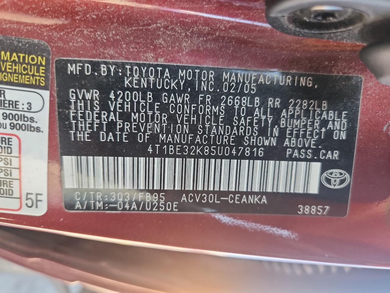 2005 Toyota Camry Le VIN: 4T1BE32K85U047816 Lot: 80527155