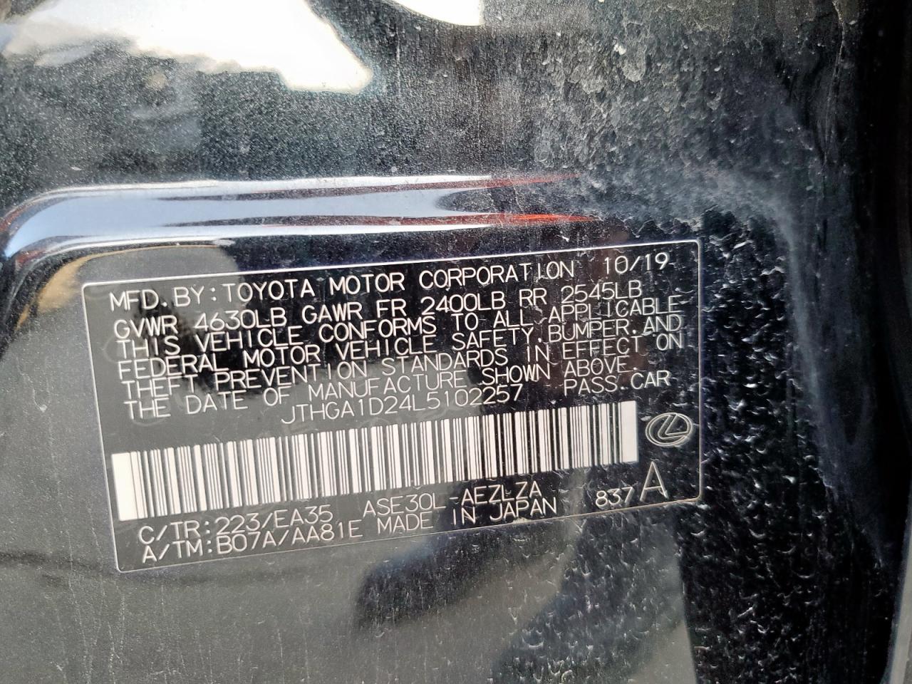 2020 Lexus Is 300 F Sport VIN: JTHGA1D24L5102257 Lot: 71972505