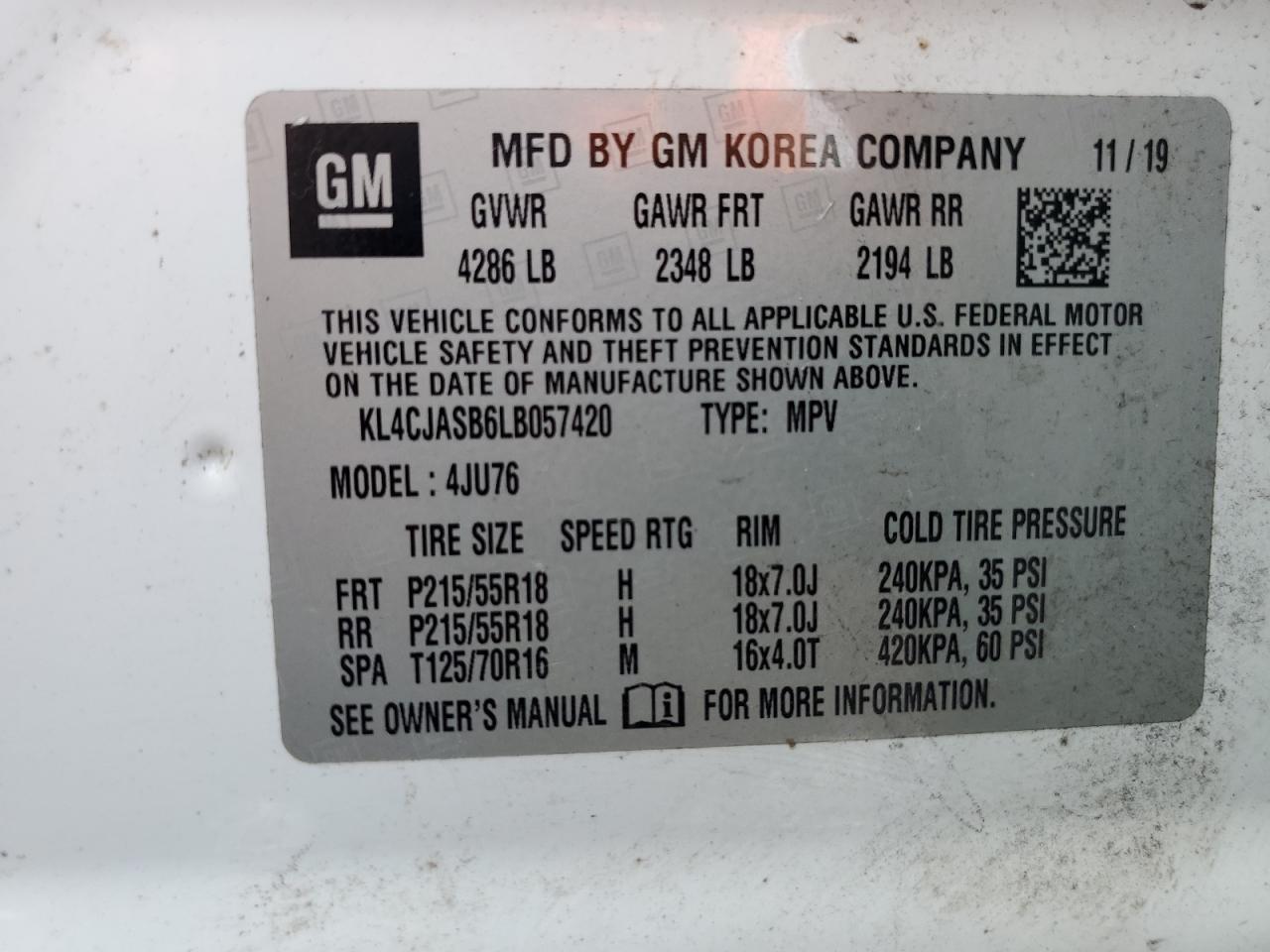 2020 Buick Encore Preferred VIN: KL4CJASB6LB057420 Lot: 82085845