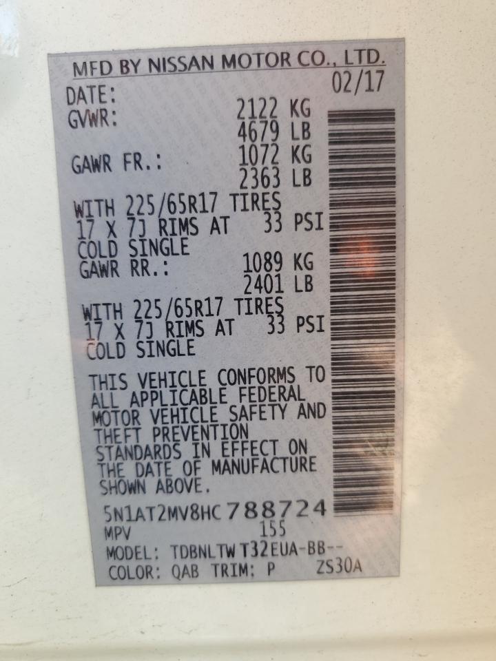 2017 Nissan Rogue Sv VIN: 5N1AT2MV8HC788724 Lot: 72102275