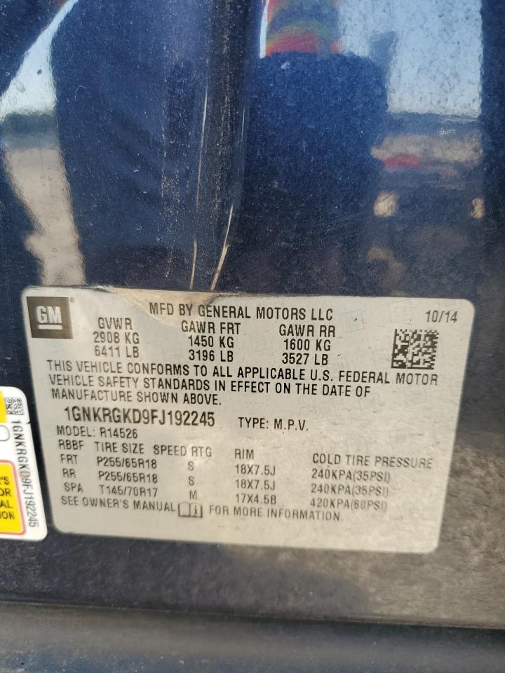 2015 Chevrolet Traverse Lt VIN: 1GNKRGKD9FJ192245 Lot: 71361495