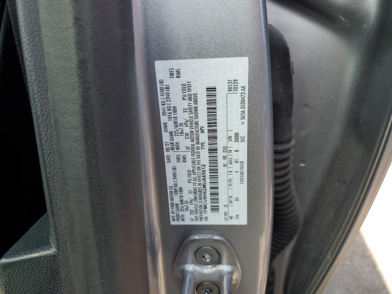 2021 Ford Escape Sel VIN: 1FMCU9H62MUA85612 Lot: 71646165