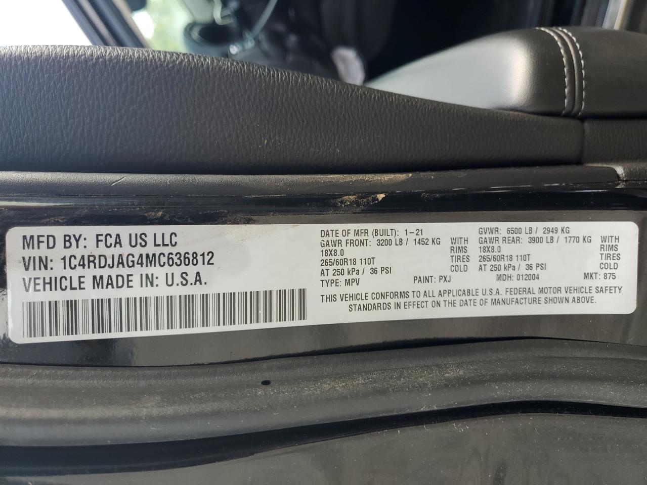 2021 Dodge Durango Sxt VIN: 1C4RDJAG4MC636812 Lot: 84408495