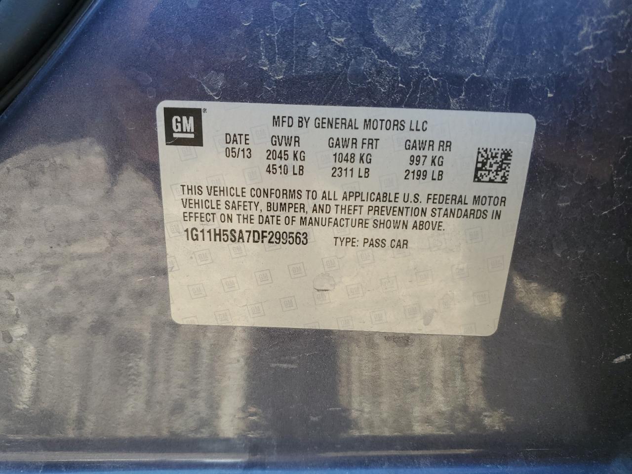 2013 Chevrolet Malibu Ltz VIN: 1G11H5SA7DF299563 Lot: 80942945