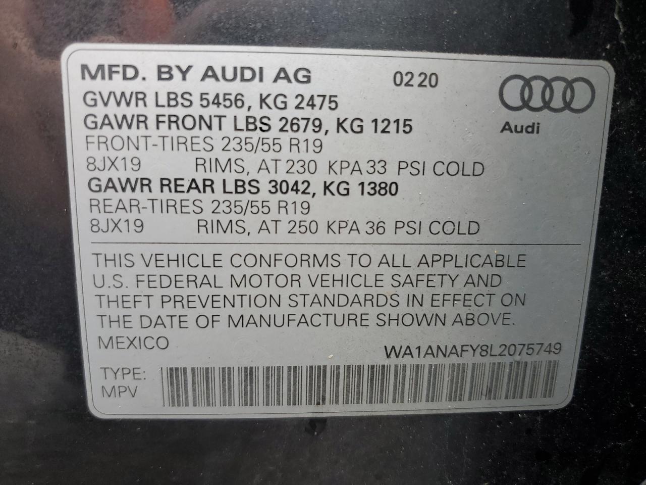 2020 Audi Q5 Premium VIN: WA1ANAFY8L2075749 Lot: 81255645