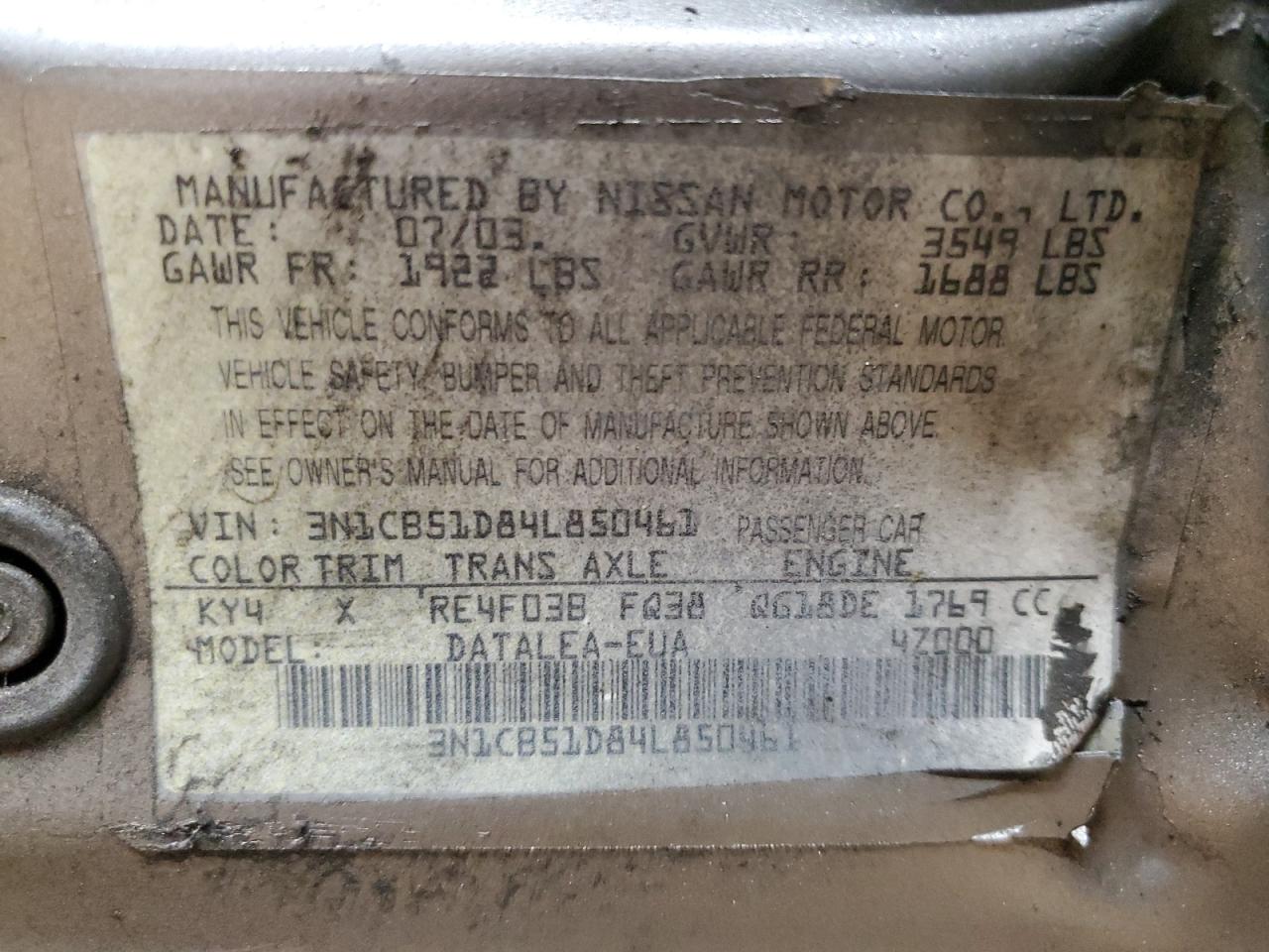2004 Nissan Sentra VIN: 3N1CB51D84L850461 Lot: 80200415