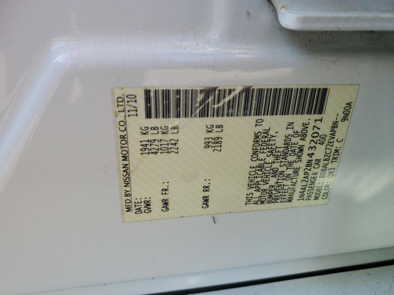 2011 Nissan Altima Base VIN: 1N4AL2AP2BN432071 Lot: 70501995