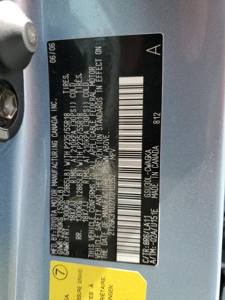 2007 Lexus Rx 350 VIN: 2T2GK31U37C010352 Lot: 69041405