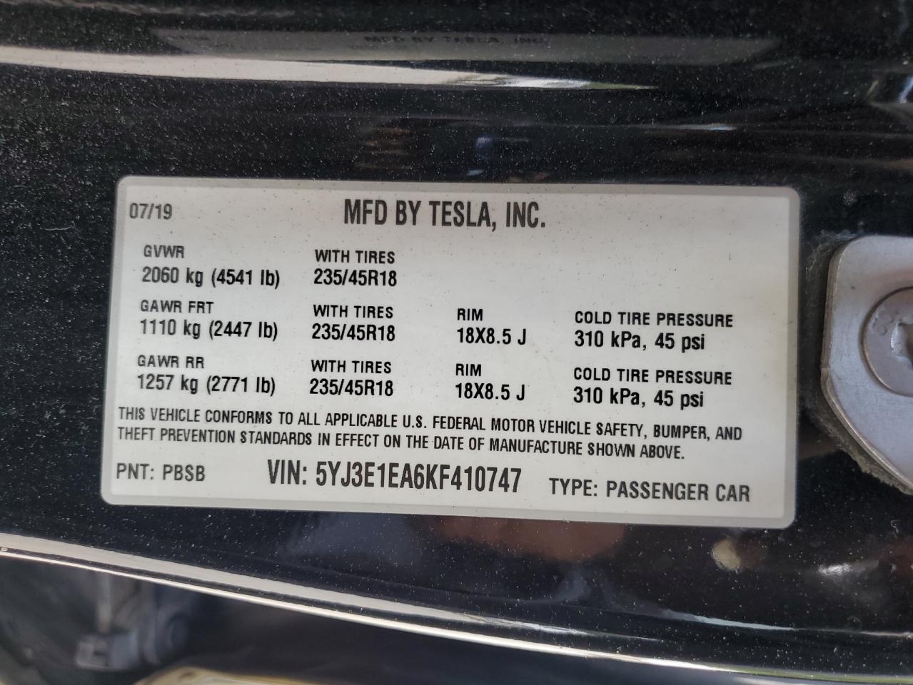 2019 Tesla Model 3 VIN: 5YJ3E1EA6KF410747 Lot: 71183455