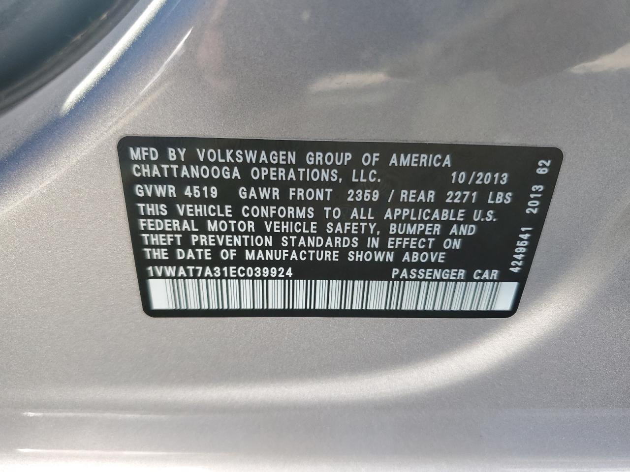 2014 Volkswagen Passat S VIN: 1VWAT7A31EC039924 Lot: 84392845