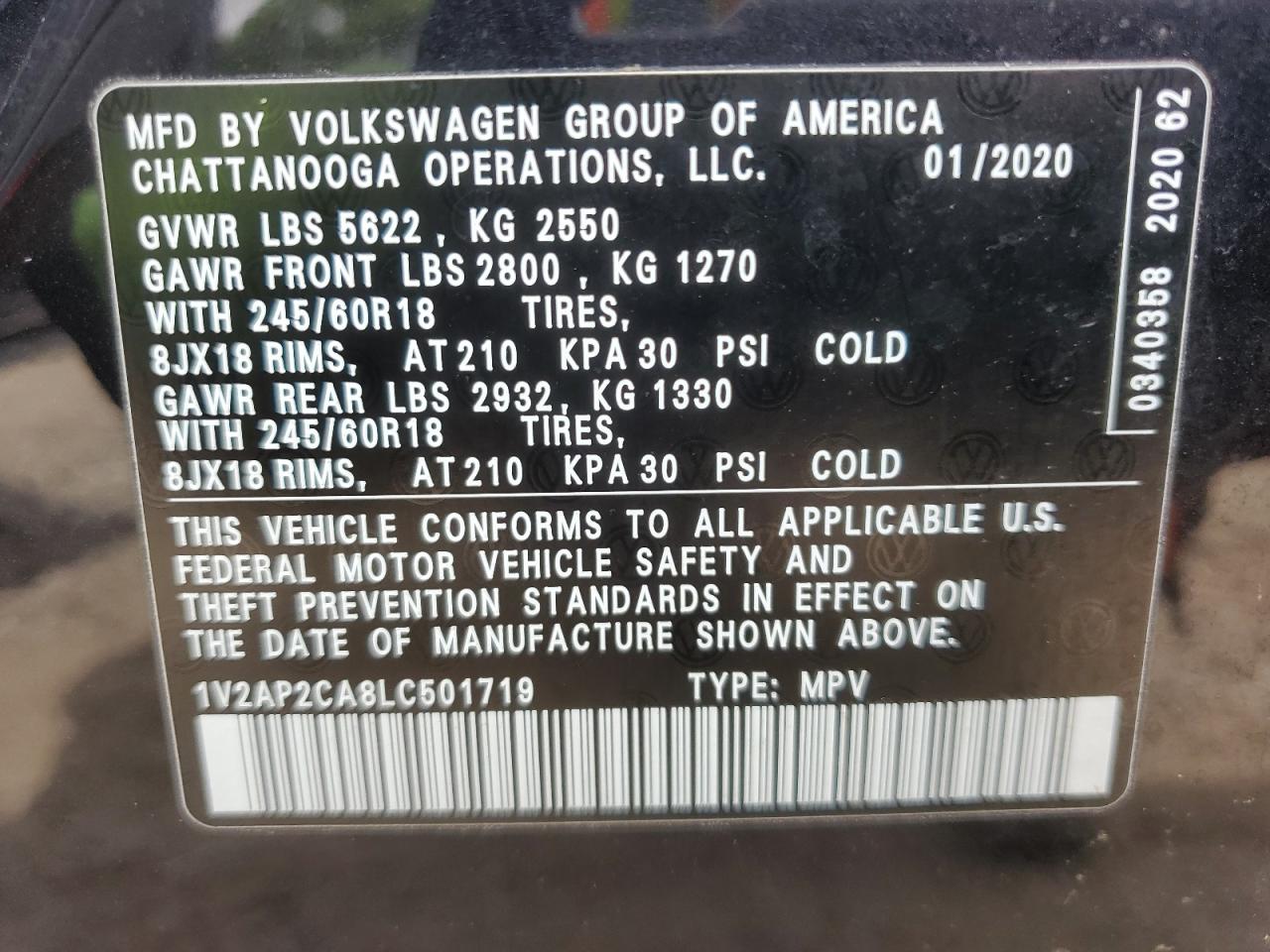 2020 Volkswagen Atlas S VIN: 1V2AP2CA8LC501719 Lot: 71654835