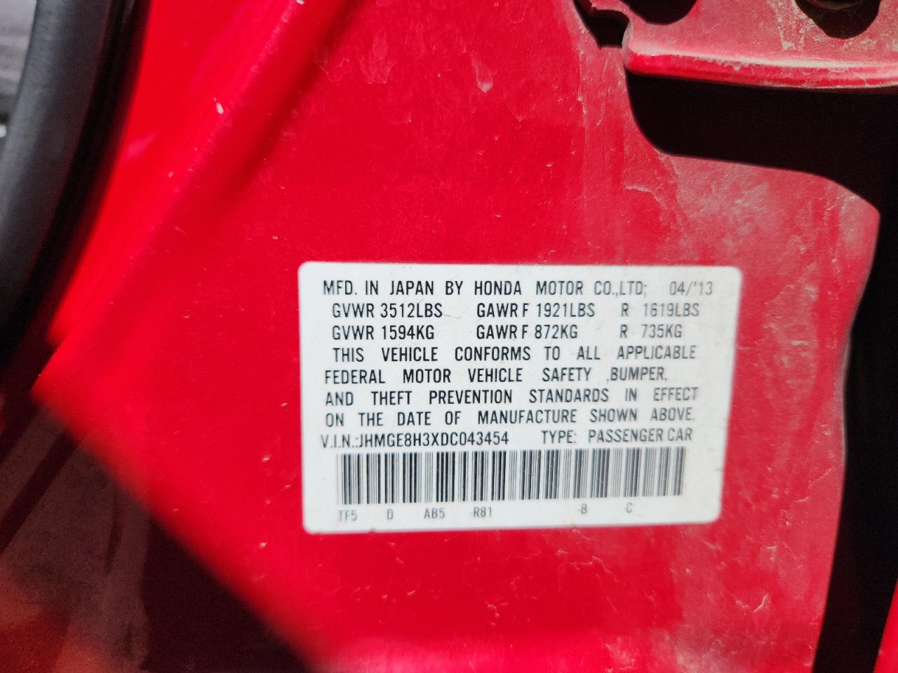 2013 Honda Fit VIN: JHMGE8H3XDC043454 Lot: 80849075