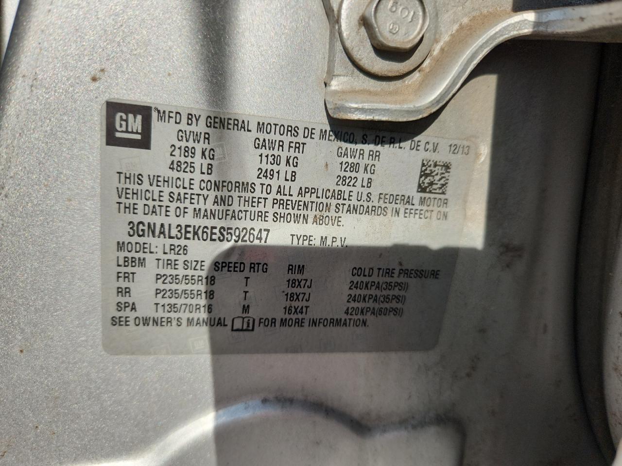 2014 Chevrolet Captiva Lt VIN: 3GNAL3EK6ES592647 Lot: 71877325