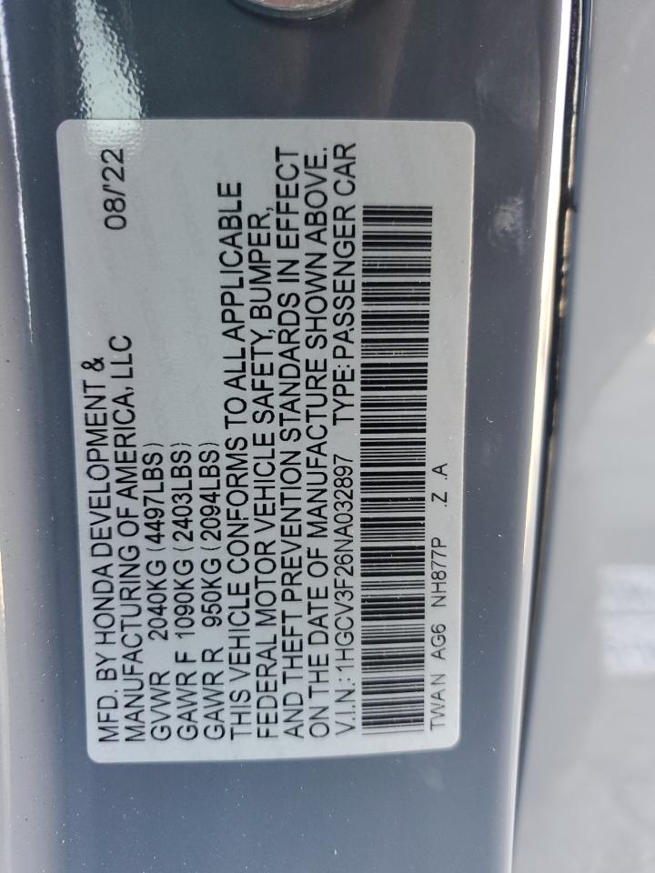 2022 Honda Accord Hybrid Sport VIN: 1HGCV3F26NA032897 Lot: 80856155