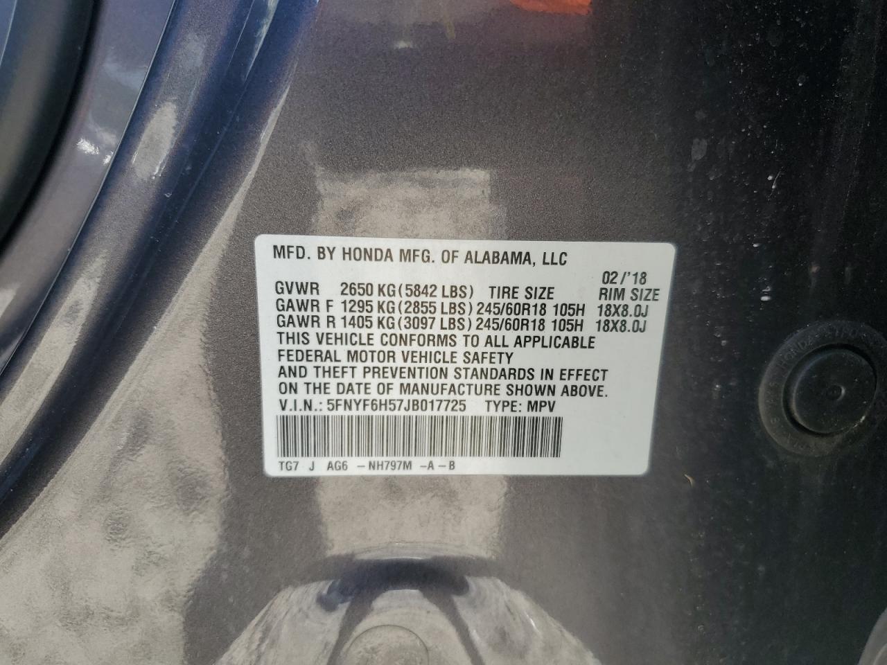 2018 Honda Pilot Exl VIN: 5FNYF6H57JB017725 Lot: 81453525