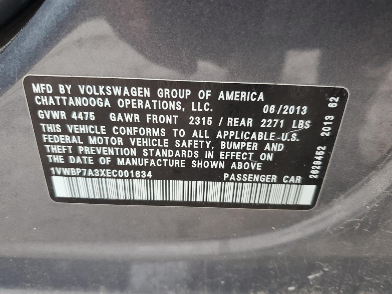 2014 Volkswagen Passat Se VIN: 1VWBP7A3XEC001634 Lot: 81831755