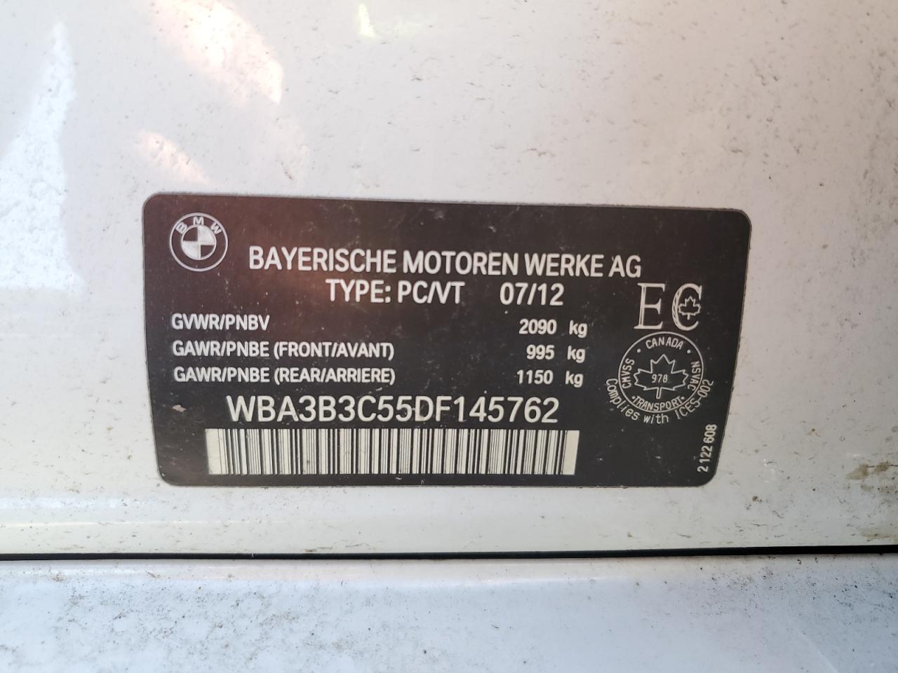 2013 BMW 328 Xi VIN: WBA3B3C55DF145762 Lot: 63705205