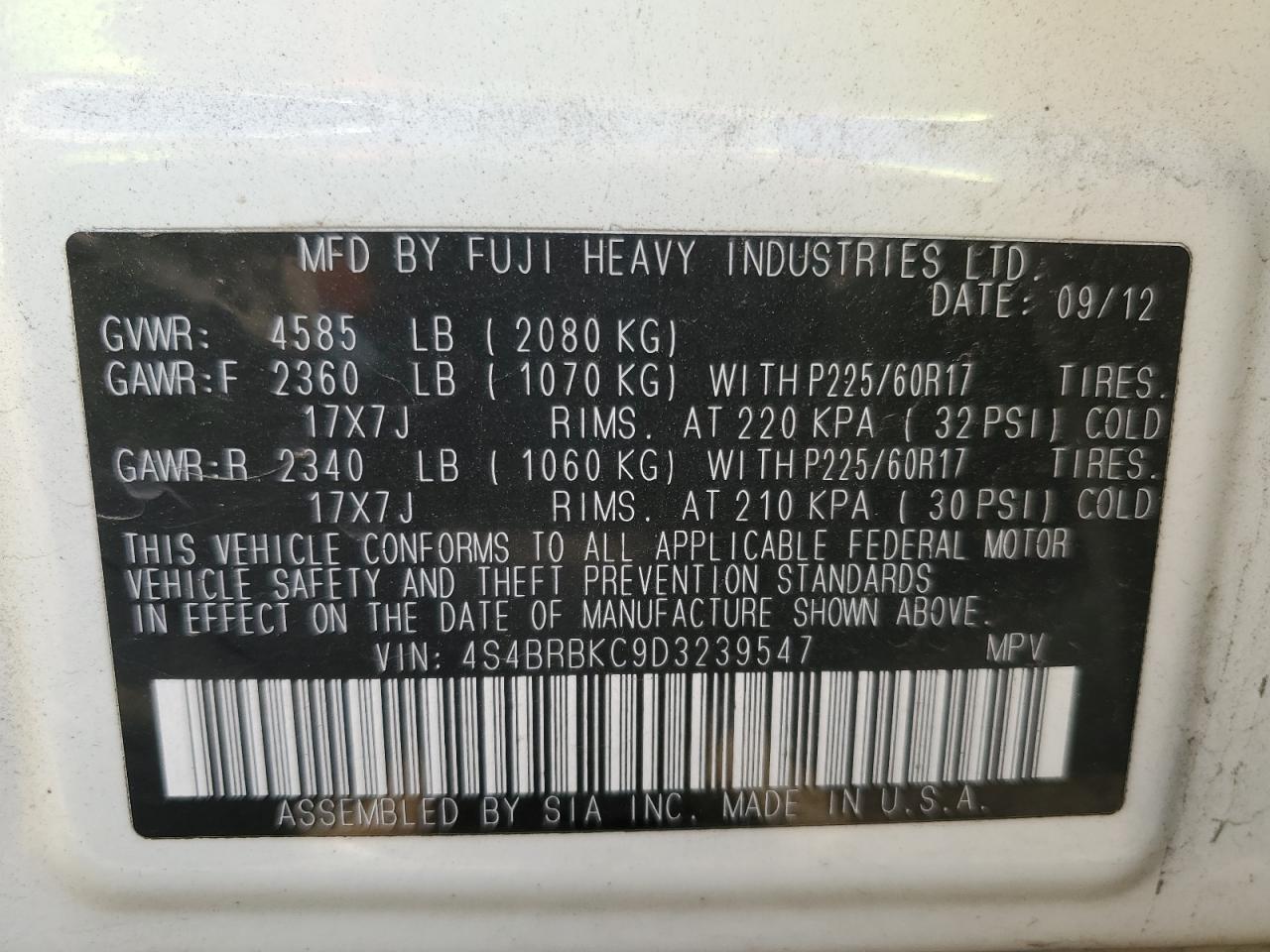 2013 Subaru Outback 2.5I Limited VIN: 4S4BRBKC9D3239547 Lot: 81344385