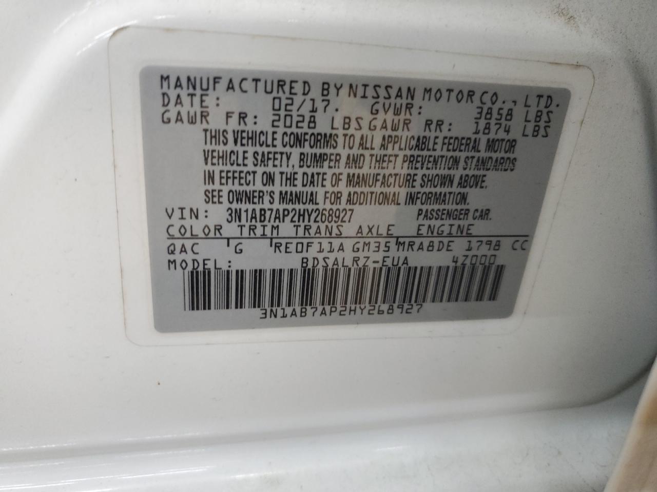 2017 Nissan Sentra S VIN: 3N1AB7AP2HY268927 Lot: 80451295