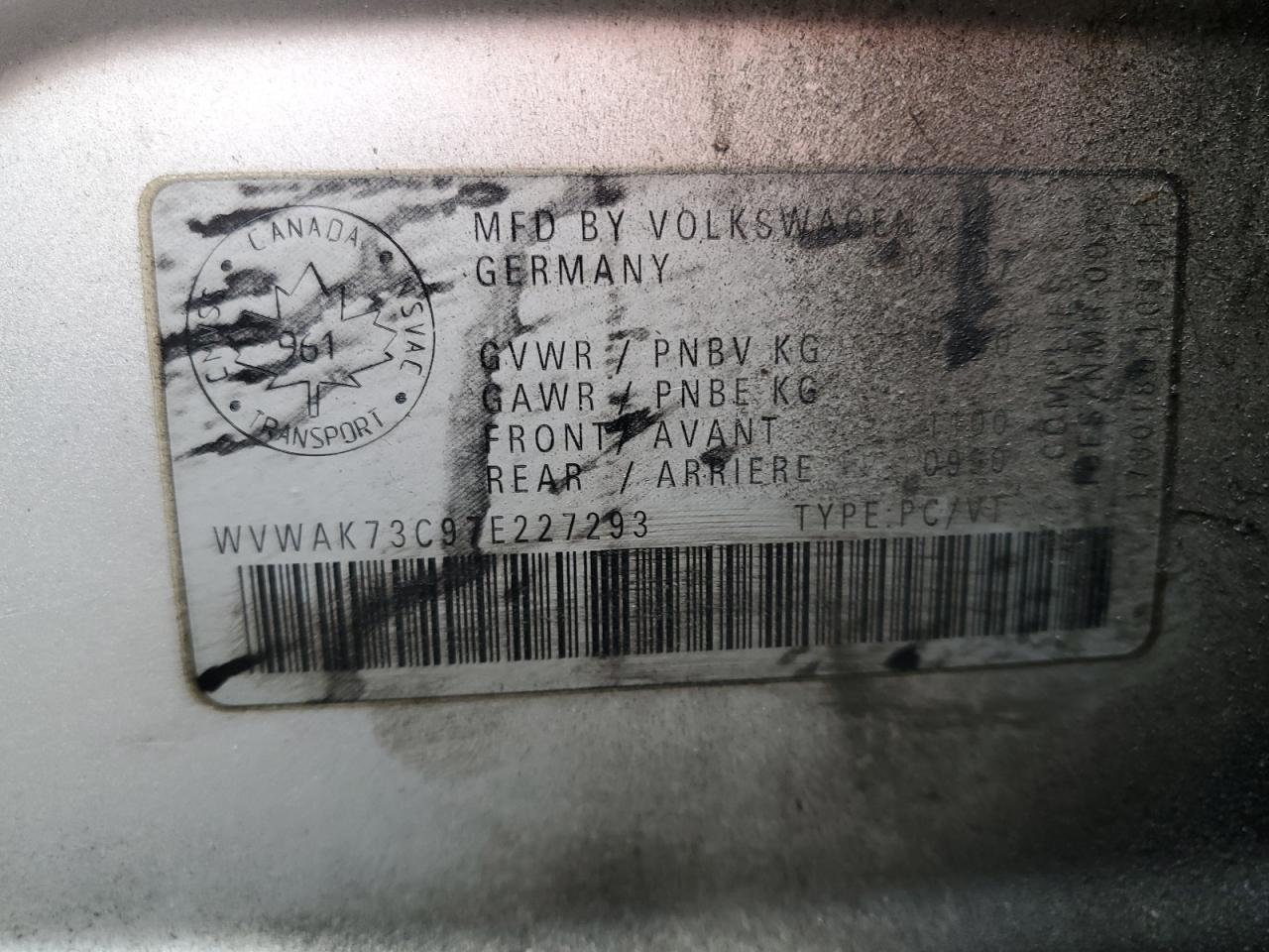 2007 Volkswagen Passat 2.0T VIN: WVWAK73C97E227293 Lot: 81658965