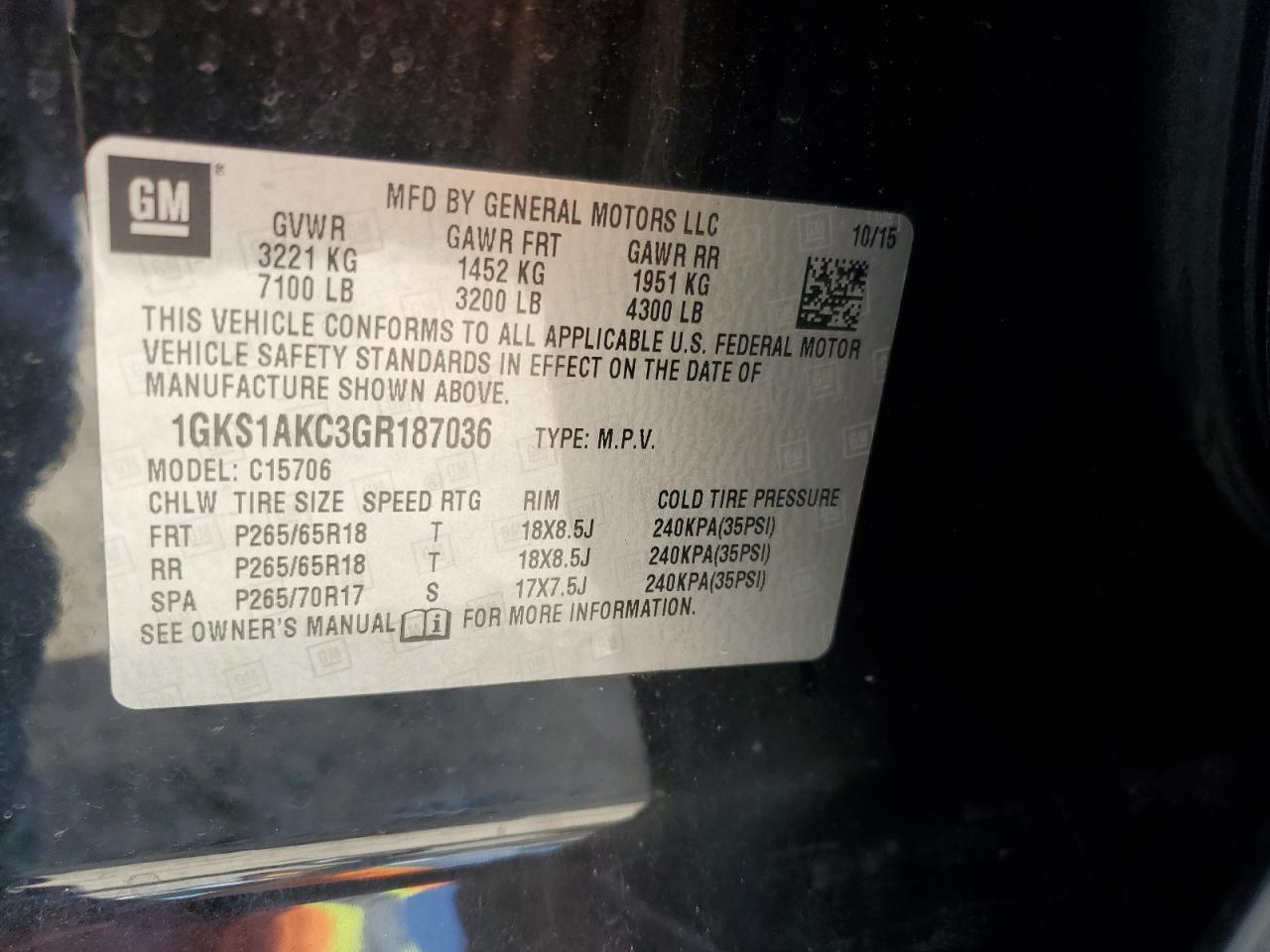 2016 GMC Yukon Sle VIN: 1GKS1AKC3GR187036 Lot: 84549715