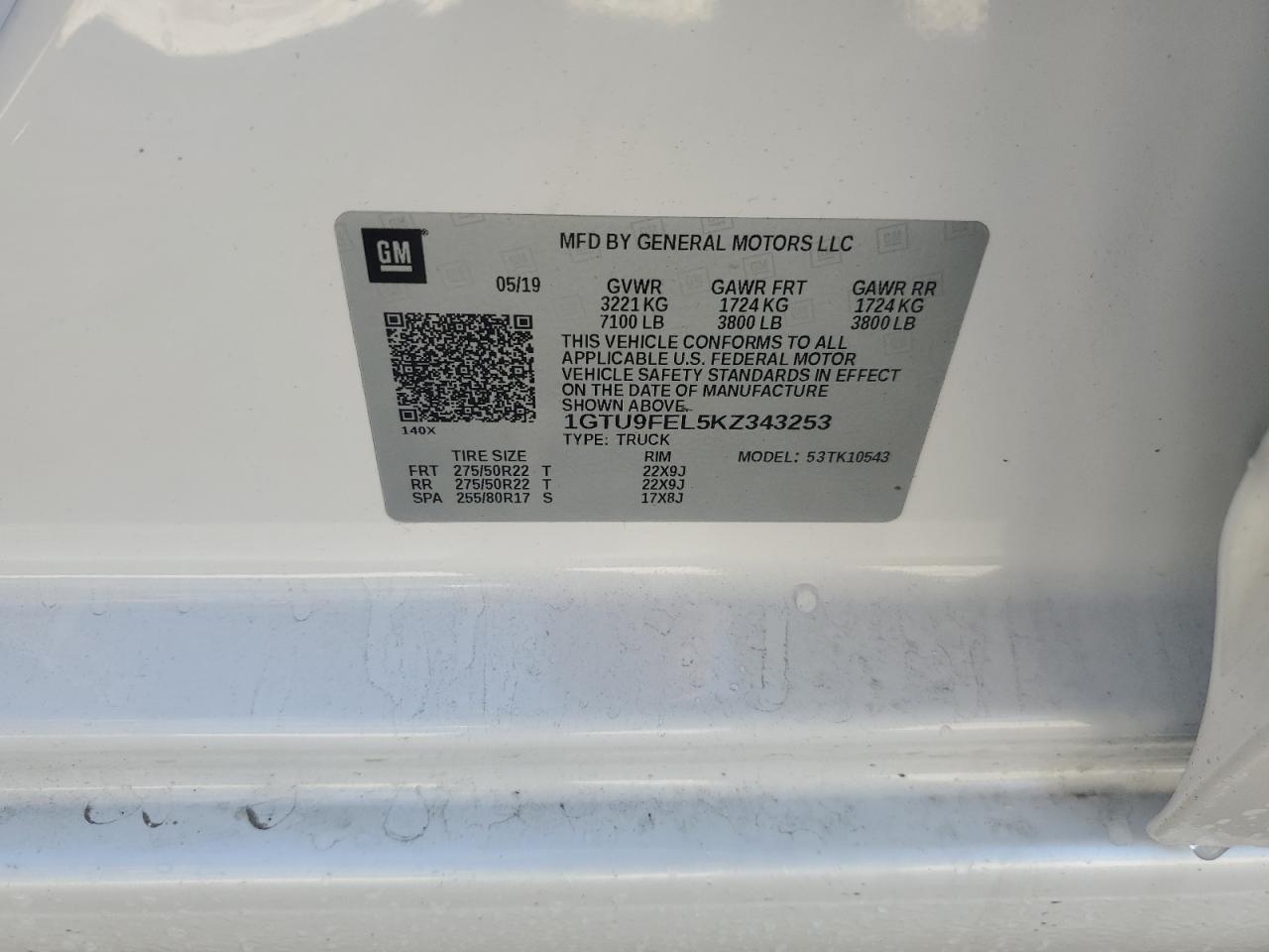 2019 GMC Sierra K1500 Denali VIN: 1GTU9FEL5KZ343253 Lot: 71625535